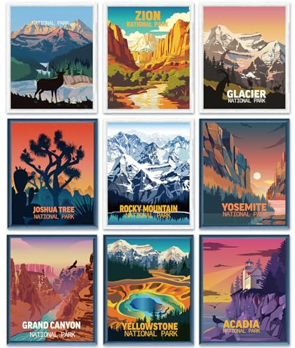 Outus Poster 9 Stück Wandkunst für Wanderer 20,3 x 25,4 cm, Nationalpark | Antike Nationalpark, Abstrakte Wandkunst der Natur Poster, Ideal für Wanderer, Wohnzimmer Dekoration