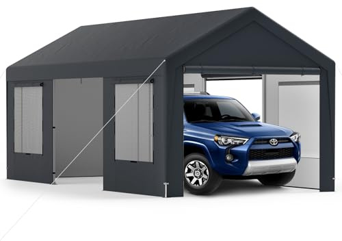 SOARS Zeltgarage, Garagenzelt 300 x 595 x 280, Lagerzelt Carport mit 8 abnehmbaren Seitenwänden, Metallrahmen, PE-Fensterverkleidungen, Rolltüren, Garage Unterstand inkl. Erdnägeln & Seilen
