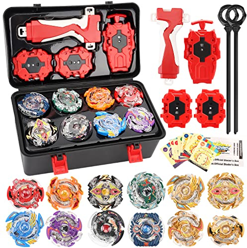 12 in 1 Kampfkreisel Set, Metal Kreisel für Kinder ab 6 Jahren, mit 3 Turbo Launcher und Aufbewahrungsbox, Geburtstag/Weihnachten Geschenk für Kinder (Schwarze Box)