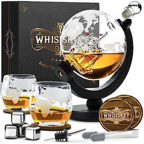 WHISISKEY Whisky Karaffe Set - Whiskey Geschenkset - Geschenke für Männer | Dekanter 900ML, Geschenkbox, 2 Whisky Gläser, 4 Whisky Steine - Männergeschenke - Geschenk - Geburtstagsgeschenk Mann