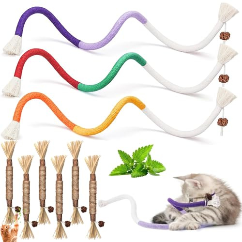 SXFENG 9 Stück Katzenminze Sticks, 6 Matatabi katzenminze Spielzeug, 3 Stück Katzenminze Spielzeug Beißseil 70 cm, Interaktives Katzenspielzeug, Katzen Zahnpflege und Gegen Mundgeruch