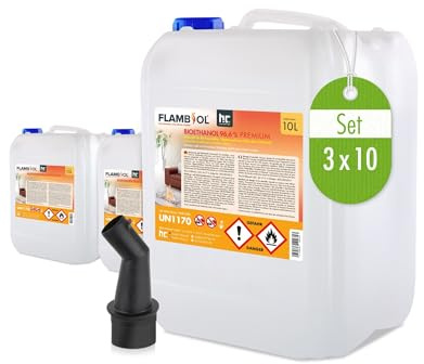 Höfer Chemie Bioethanol 96,6% Premium 3 x 10L - Ethanol für Tischkamin, Kamin & Gartendeko für Draußen - Rauch- und Rußfrei - Aus Mais & Zuckerrüben