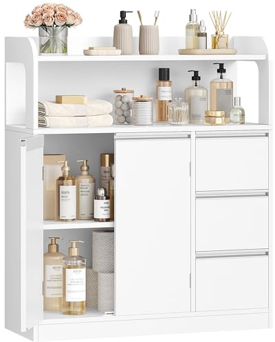 Hzuaneri Badezimmerschrank mit 2 Schranktürn und 3 Schubladen | Badschrank, Beistellschrank mit Verstellbaren Ablage, Kommode, modern, für Wohnzimmer, 30 x 80 x 92 cm, Weiß 5280003X