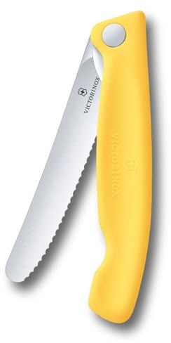 Victorinox Swiss Classic Faltbares Picknick-Messer für Wanderungen, Obst, Gemüse, Brötchen, Wurst, mit Wellenschliff, Extra Scharf, Gelb