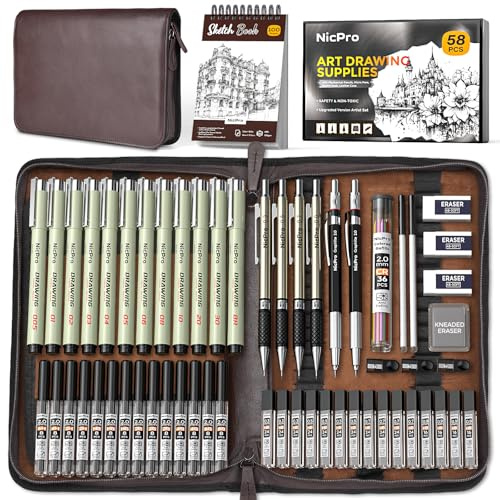 Nicpro 58-teiliges Zeichenset im Lederetui, Druckbleistift Set mit Metall Zeichenstiften (0,3 0,5 0,7 0,9 und 2 mm), 12-Mikron-Stift, Skizzenbuch und 30 Minen zum Skizzieren