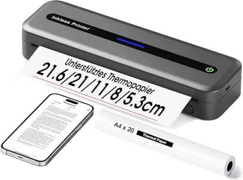 Zoolion Mobiler Drucker A4 300dpi Kompatibel mit iOS & Android, 2600mAh Bluetooth Thermodrucker für Unterwegs & Zuhause, Kabelloser Drucker für 216/210/110/80/53 Thermal Papier - Grey