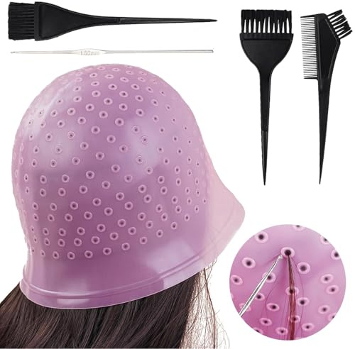 Silikon Highlight Kappe, Strähnchenhaube Haare Färben Hervorhebung Silikon Strähnchenhaube Set Stränchen Haube mit Pinseln und Nadel für Frauen und Mädchen Bläst (Durchsichtiges Pink)