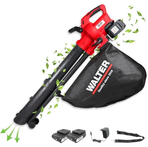 WALTER Professional Li-Ion Akku-Laubbläser und Laubsauger 40V, Blasgeschwindigkeit: 160-210 km/h, Einsaugvolumen 10,3 m³/ min, Laubsackkapazität: 45 l, geringes Gewicht von nur 3,4 kg, inkl. Tragegurt