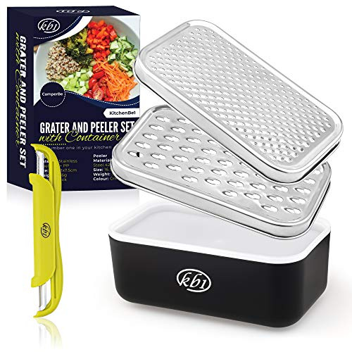 KitchenBe1 - Reibe Edelstahl und Box mit Deckel & Schäler, Aufbewahrungsbox mit schützenden Gummifüßen, Küchenreibe Käsereibe Gemüsereibe, ideal für Käse- Obst- und Gemüse-Liebhaber, Schwarz