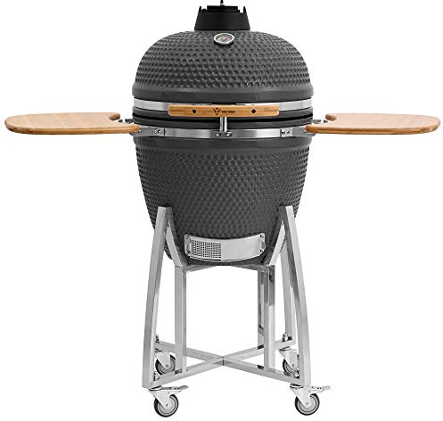 BBQ-Toro Kamado Grill Holzkohlegrill KURO Ø 52 cm | Grau | Holzkohlegrill mit Bambusablage, Thermometer, Holzgriffen, Rollen | Keramikgrill rund, Ceramic Grill Ei, Grillofen, Kamado mit Ablage