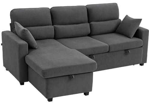 HOMCOM Ecksofa mit Schlaffunktion Schlafsofa mit Bettkasten Dunkelgrau | L-Form Sofa, Kissen, 3-Sitzer, Wandelbare Eckcouch mit Cordoptik, Schlafcouch für Wohnzimmer, Gästezimmer