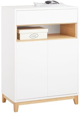 SoBuy Sideboard mit Schublade & Regal 60x85x34cm für Flur | Kommode mit höhenverstellbarem Regal, Bambusdesign Weiß/Natur für Wohnzimmer & Küche FSB97-WN
