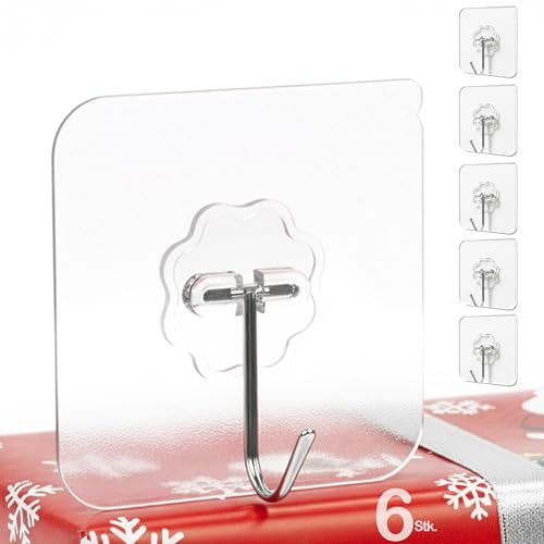Menz selbstklebende Haken – 6 Stück Klebehaken extra stark, wetterfest und rostfrei, 180° drehbar, für Weihnachtsdekoration, Küche, Bad, Wand und Decke