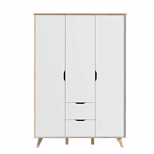 FORTE VANKKA Schrank 140 200, Kleiderschrank 2 Schubladen, Schlafzimmerschrank Jugendzimmerschrank, Kinderzimmer Skandinavisch 3-türig Weiß / Planked Eiche, 139 cm breit x 201.5 cm hoch x 53 cm tief