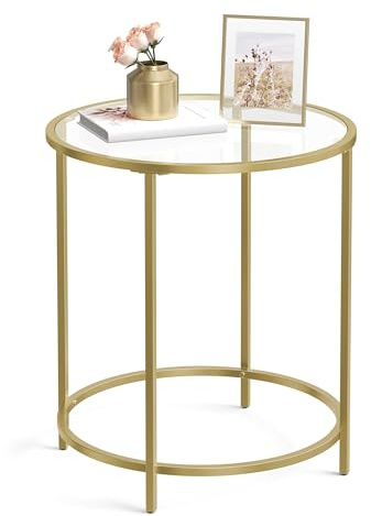 VASAGLE Beistelltisch rund, Kleiner Couchtisch, Glastisch, mit Oberfläche aus Hartglas und Metallgestell, Nachttisch, Sofatisch, Balkon, metallisches Gold-transparent LGT20G