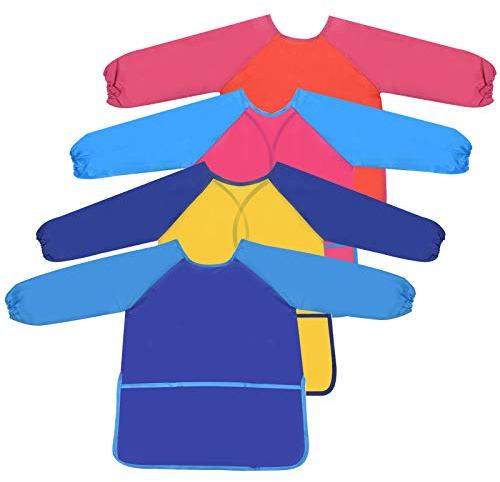 4 Stück Malschürze Kinder, Malkittel Kinder Bastelschürze mit Langen Ärmeln & Taschen, Kinderschürze Wasserdichter Kittel Schürze für Mädchen Junge 3-7 Jahre Malen Basteln Kochen Backen