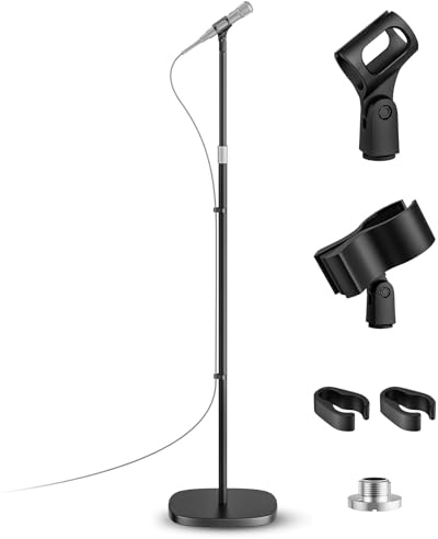 POLESTO Mikrofonständer Universal, Höhenverstellbares Mikrofonständer boden mit robustem 2,35 kg Rundfuß, inkl. 2 Mikrofonclips und Adapter für Blue Yeti/Snowball/Shure SM7B/Samson Q2U/HyperX