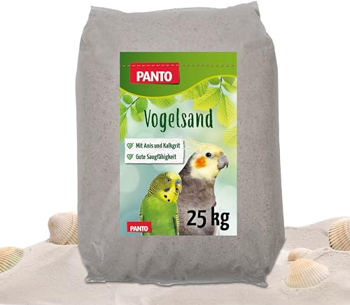 PANTO Vogelsand mit Anis und Muschelkalk, 25 kg – artgerechte Einstreu für Vogelkäfige von Wellensittichen, Papageien, Ziervögel