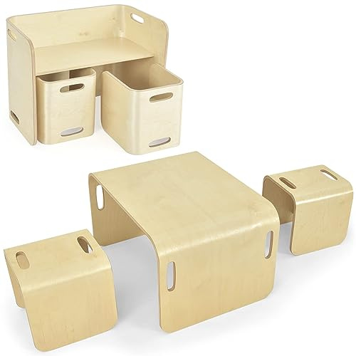 LIFEZEAL Kindersitzgruppe, Multifunktionaler Kindertisch mit 2 Stühlen, Kinder Tisch Stuhl Set für Kinder ab 3 Jahren, Lerntisch Sitzgruppe für Kindergarten, Wohnzimmer (Natur)