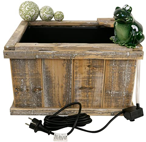 Storm's Gartenzaubereien Miniteich Set - Holzkiste mit Aufsatz Teich Becken für Wasserspeier Frosch mit Pumpe und Schwimmkugeln