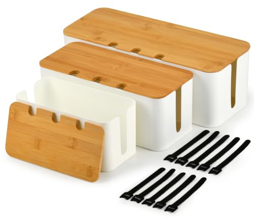 BOPEUY Aufbewahrungsbox für Kabel mit Bambusdeckel, 3 Stück Kabelbox, Kabel Organizer Box Oben und Seitlich Gelocht, Kabelsalat Verstecken, Kabelorganizer Box Set, für Zuhause und Büro - Weiß, L/M/S