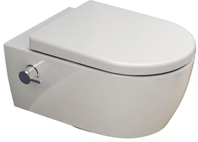 SSWW Dusch-WC mit Armatur für Warm- und Kaltwasser, Taharet WC, weiß, 54 cm | Hänge WC mit Bidet-Funktion und Spülrand, WC-Dusche mit Nano-Beschichtung, Softclose-Sitz aus Duroplast, Keramik