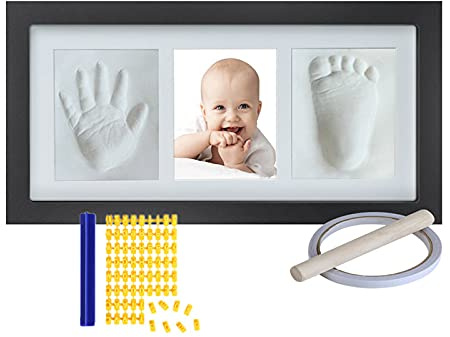 Aqsacokiya Set Fußabdrücke für Babys, Fuß- und Handabdruck-Set für Babys, Rahmen für Fußabdrücke für Neugeborene, Jungen & Mädchen – weißer Ton, Bilderrahmen Set Baby aus Holz für Geburtsliste Baby
