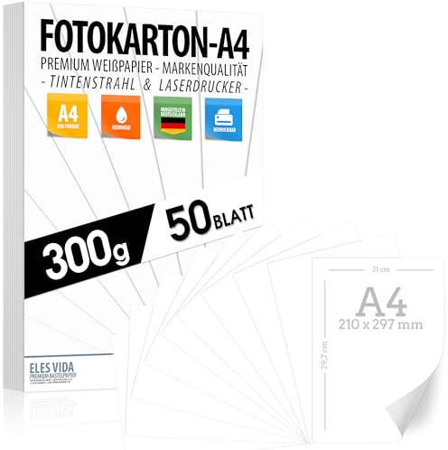 50 BLATT weisser Bastelkarton 300g/m² – PREMIUM PAPIER Reinweiß - DIN A4-21 x 29,7 cm - Druckerpapier Weiss unbedruckt für Fotografie, Präsentationen,Basteln, FOTOKARTON, Karton