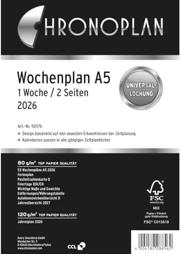 Chronoplan 50576 Kalendereinlage 2026 (Wochenplan A5 (148x210mm) Ersatzkalendarium für Terminplaner, ideal für detaillierte Wochenplanung, 1 Woche auf 2 Seiten in Zeilen, mit Universallochung) weiß