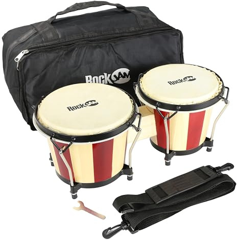 RockJam RJ-100301 7 and 8 Bongo Set with Padded Bag and Tuning Wrench Red and Natural Stripe