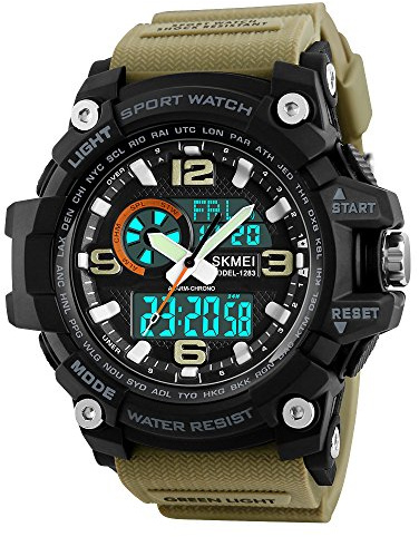 SKMEI Digitale Herren-Sportuhr, 50 m wasserdicht, Militär-Uhren, LED-Bildschirm, großes Zifferblatt, Stoppuhr, Wecker, Armbanduhr, Khaki Schwarz, Digital