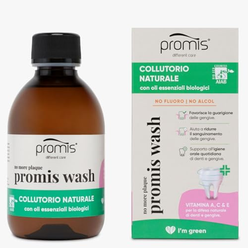 Promis Wash - Natürliche Alkoholfreie und Fluoridfreie Mundspülung für Empfindliches Zahnfleisch, Vegan, AIAB Bio Zertifiziert, Ätherische Öle, Vitaminen A, C & E