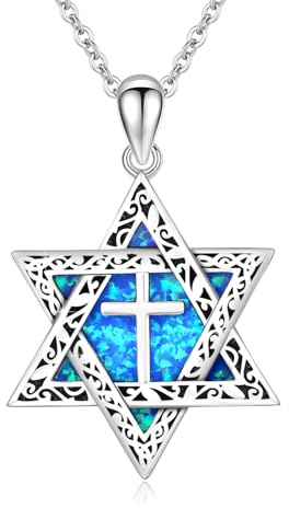 ABIGY Davidstern Kette, 925 Sterling Silber Davidstern Kette mit Kreuz Opal Anhänger Chai Halskette Hexagramm Davidstern Kette Jüdischen Amulett Schmuck Geschenke für Männer Damen