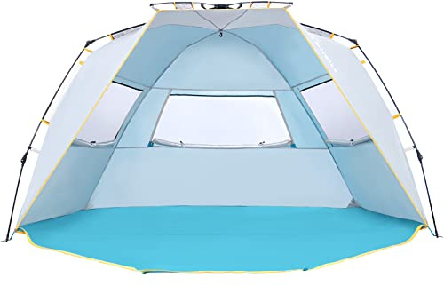 WolfWise Strandmuschel für 5–6 Personen, Strandzelt mit Schirmmechanismus, UPF 50+, 3 Netzfenstern, Bodenverlängerung mit Reißverschluss, Blau