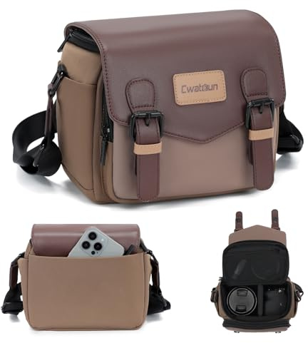 Cwatcun Kamera Schultertasche Kompaktkamera-Tasche, kleine wasserdichte Kamera-Messenger-Tasche mit Stativhalterung, Reisefotografietasche DSLR/SLR/Spiegellose Kamera, Objektiv (braun, S)