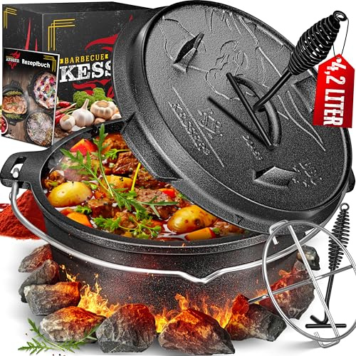 KESSER® Dutch Oven Set BBQ 4,2 Liter, Feuertopf Schmortopf mit Edelstahluntersetzer, Gusseisen Topf mit Deckelheber Henkel und Schlitz für Themormeter, kochkessel Grilltopf für Oudoor & Indoor