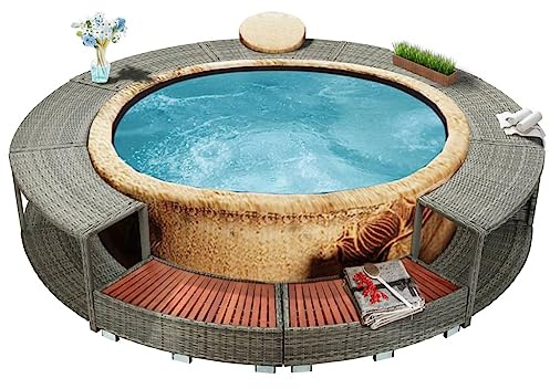 Willood Whirlpool-Umrandung mit Stauraum Rund Poolumrandung Poolverkleidung für Spa Grau Poly Rattan Stahlrahmen Eukalyptus-Hartholz