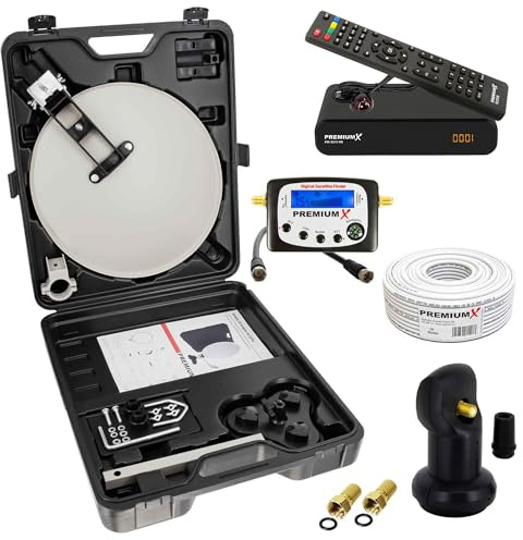 PremiumX Camping SAT Anlage Satellitenschüssel TV Receiver Satelliten-Finder LNB 10m Kabel F-Stecker kompakt im Koffer