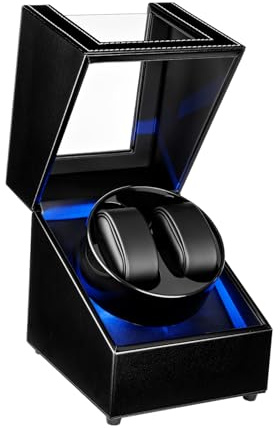 Mcbazel Uhrendreher 2 Uhren Automatik, Watch Winder Box mit LED-Licht 5 Modi Automatisch Drehbares Automatische Uhrenbeweger Leiser PU Leder für Automatikuhren Herren Damen – Schwarz