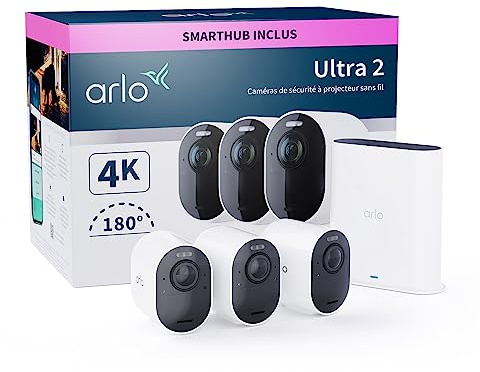 Arlo Ultra 2 Überwachungskamera Aussen WLAN, Kabellos, 3er Set, 4K UHD Qualitätsprodukt, 180° Sichtfeld, Spotlight, Farb-Nachtsicht, Bewegungsmelder, Alarm Sirene + mit Arlo Secure Testzeitraum
