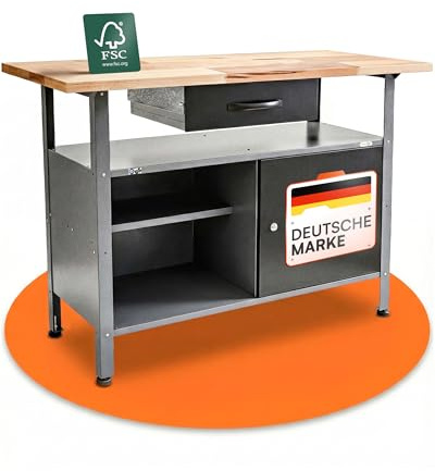 Ondis24 Montagewerkbank Werkbank Klaus 120 cm, Metall, abschließbarer Tür, höhenverstellbare Füße (Arbeitshöhe 85 cm, Schwarz Buchenplatte)