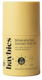 BAYBIES Baby Kinder Sonnenmilch LSF50+ | Mineralischer Sonnenmilch Roll-On für Gesicht & Körper | Sensitiv & Wasserfest | Zertifizierte Naturkosmetik | 45ml