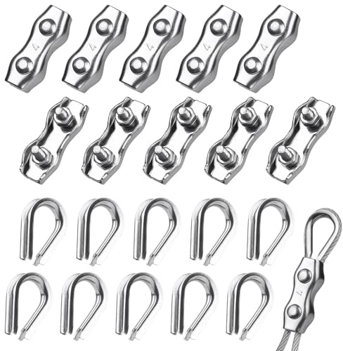 Nadisean 20 Stück Drahtseilklemme 4mm Kit, 10 Seilklemmen, 10 Kauschen 4mm | M4 Seilklemme Set, Seilklemmen 5mm, Drahtseil Kauschen 5mm, Edelstahl 304 Kabelklemme für 2-3mm Drahtseil Wäscheleine Fixiert