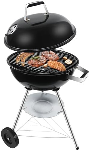kisidus Kugelgrill Holzkohlegrill mit porzellanemaillierten Deckel & Kessel, Kohlegrill rund mit Dreibein-Länder und Räder, Schwarz, 51x46.5x78 cm