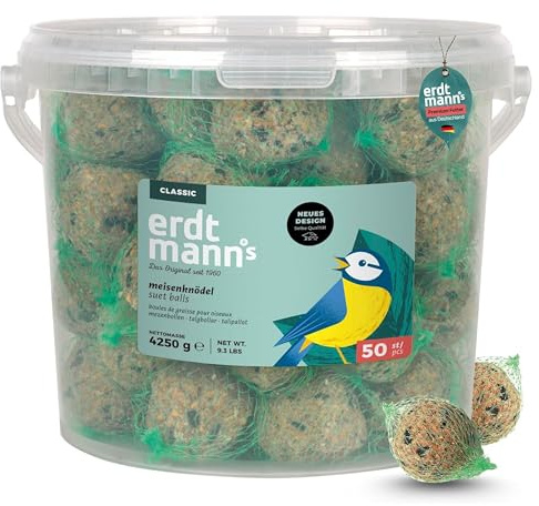 Erdtmanns 50 Meisenknödel mit Netz im Eimer 4,25 kg – Vogelfutter mit Getreideflocken & Sonnenblumenkernen – Ganzjahresfutter für Wildvögel – für Garten, Balkon & Bäume