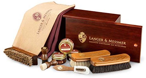 Langer & Messmer – Schuhputzkiste Mannheim aus Holz mit 2 Fächern – ohne Inhalt oder mit mehrteiligem Pflegeset erhältlich – Schuhputzbox zur Aufbewahrung diverser Schuhpflegemittel