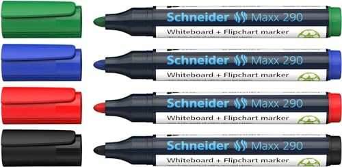 Schneider Maxx 290 Marker (für Whiteboards und Flipcharts, Rundspitze 2-3 mm Strichstärke, rückstandsfrei trocken abwischbar, hohe Qualität, kräftig und farbintensiv) Etui mit 4 Farben