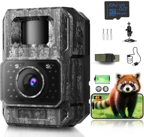 MAXDONE Wildkamera mit Handyübertragung APP - Wildtierkamera 4K 64MP HD mit WLAN Bluetooth Bewegungsmelder Nachtsicht, Wildkamera mit 6000mAh Akku, 0,1s Auslösezeit, 32GB Speicherkarte IP66