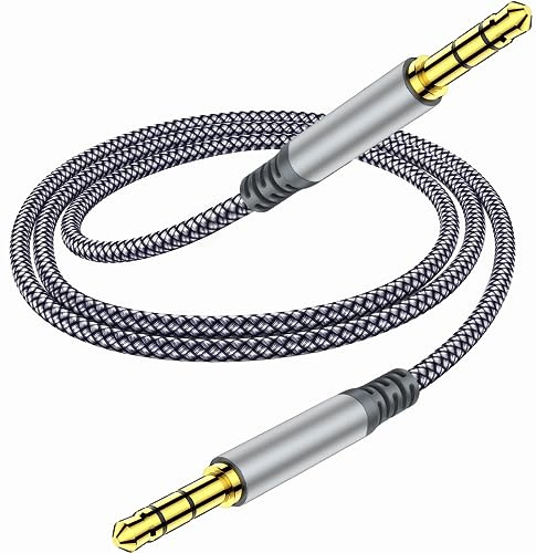 Henrety 3,5 mm Nylon geflochtenes AUX-Kabel (2 m) – Stecker auf Stecker, Audio-Aux-Kabel für Kopfhörer, Auto, Heim-Stereoanlagen, Lautsprecher, iPhone, iPad, iPod, Echo – Grau