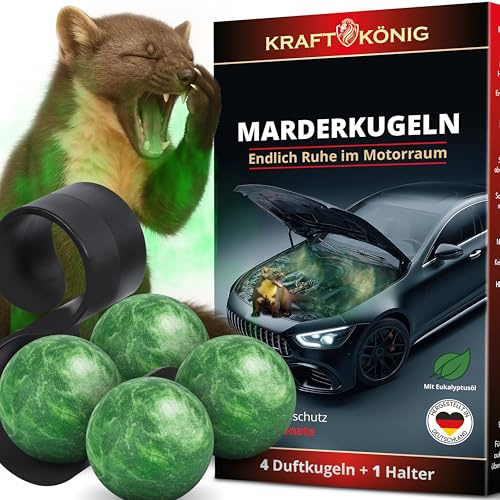 KRAFTKÖNIG Marderschreck Auto – 4X Marderkugeln mit Halterung – Hochwirksamer Duft gegen Marder im Motorraum – Reduziert das Kabelbiss-Risiko bis zu 6 Monate – Marderabwehr Auto